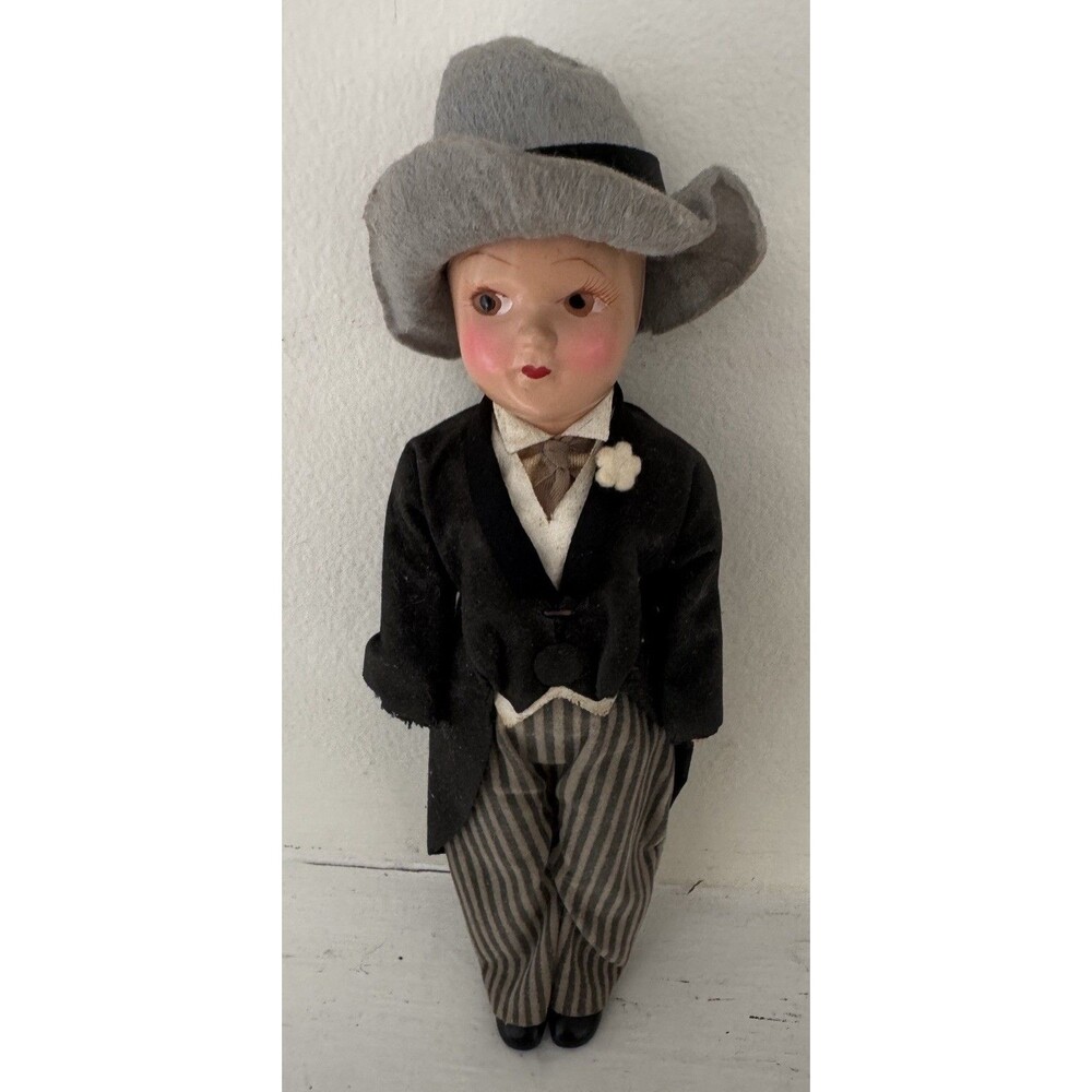 Vtg 8" Celluloid Doll Dapper Groom Fedora Slouch Hat Tuxedo Striped Pants 40s